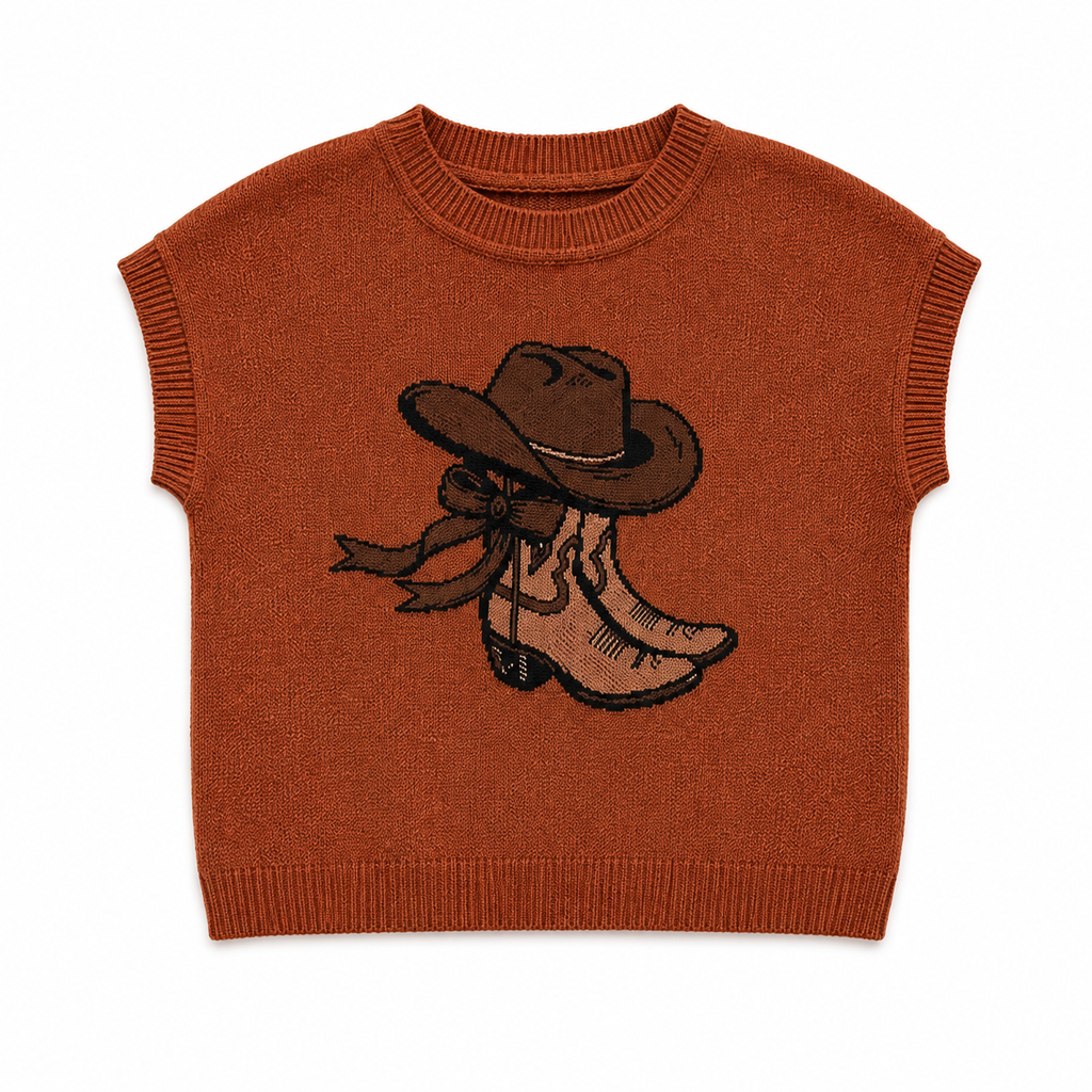 Blusa tejida con dibujo bota western para mujer - Manga corrida corta, estilo vaquero en tendencia
