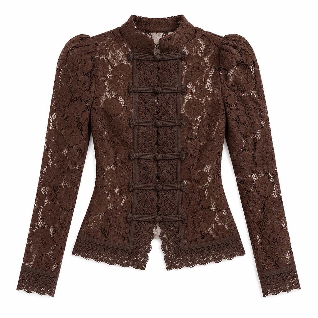 Blusa de encaje para mujer - Manga larga, cuello alto y detalles elegantes de inspiración vintage