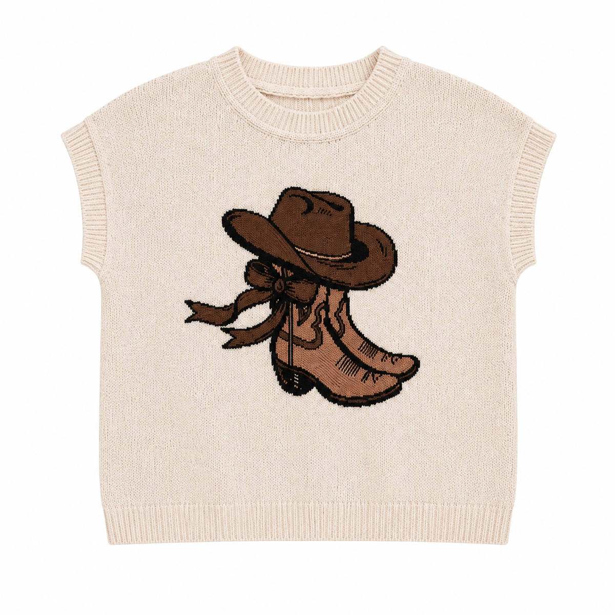 Blusa tejida con dibujo bota western para mujer - Manga corrida corta, estilo vaquero en tendencia