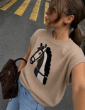 Blusa tejida con dibujo caballo western para mujer - Manga corrida corta, estilo vaquero en tendencia