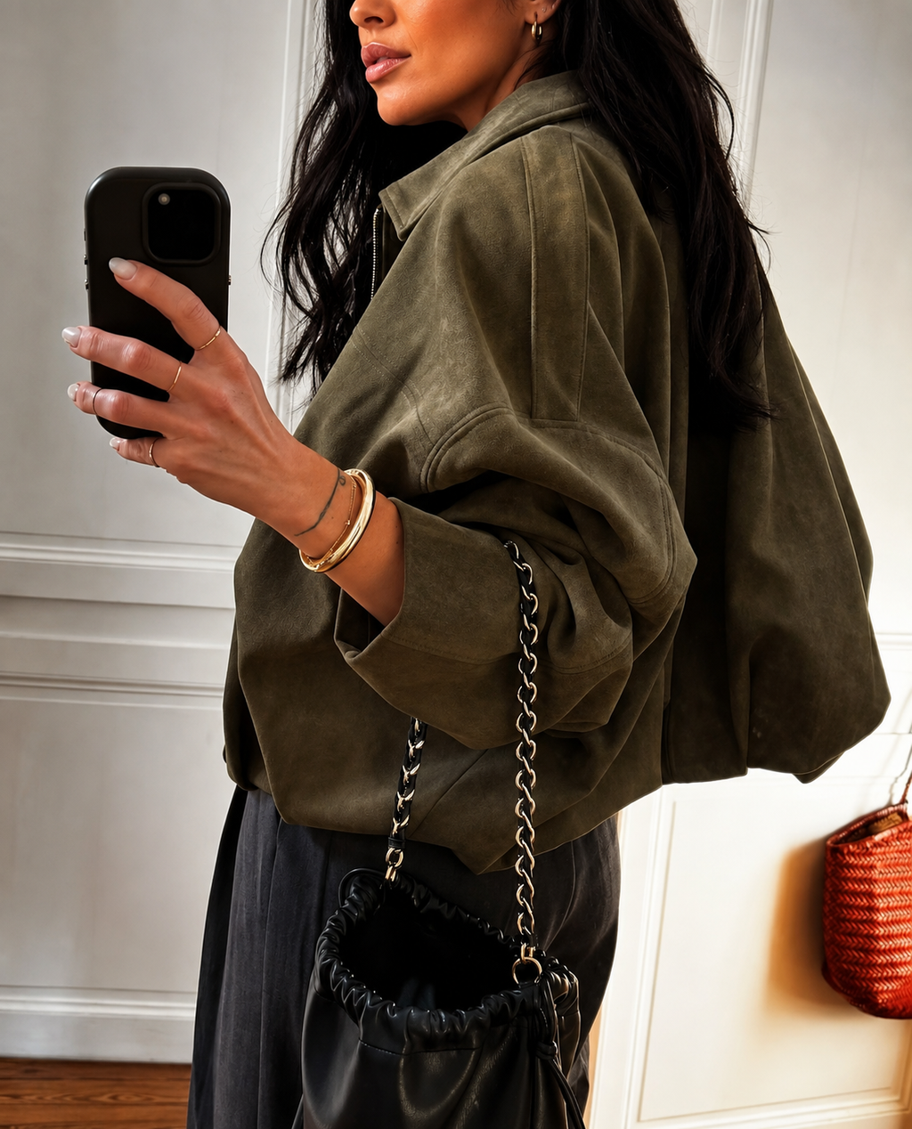 Chamarra de gamuza verde olivo para mujer - Oversized y en Tendencia