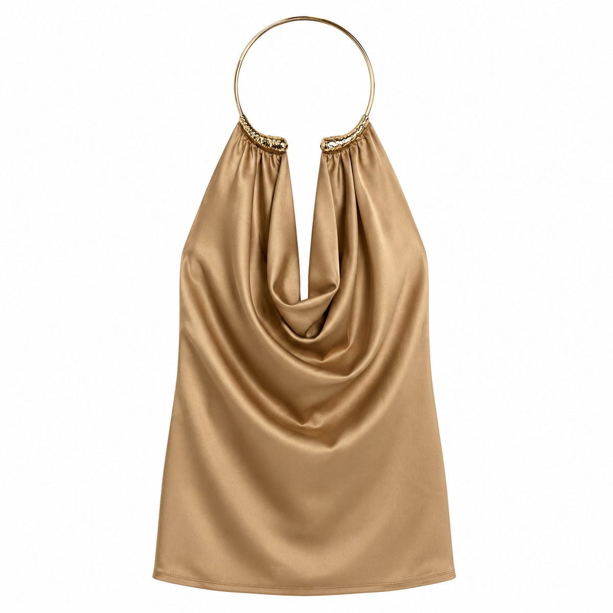 Blusa de licra satinada para mujer - Escote holgado con gargantilla de aro dorada, estilo elegante en tendencia