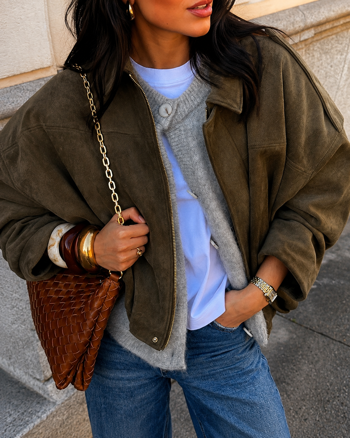 Chamarra de gamuza verde olivo para mujer - Oversized y en Tendencia