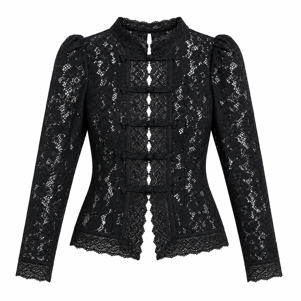 Blusa de encaje para mujer - Manga larga, cuello alto y detalles elegantes de inspiración vintage