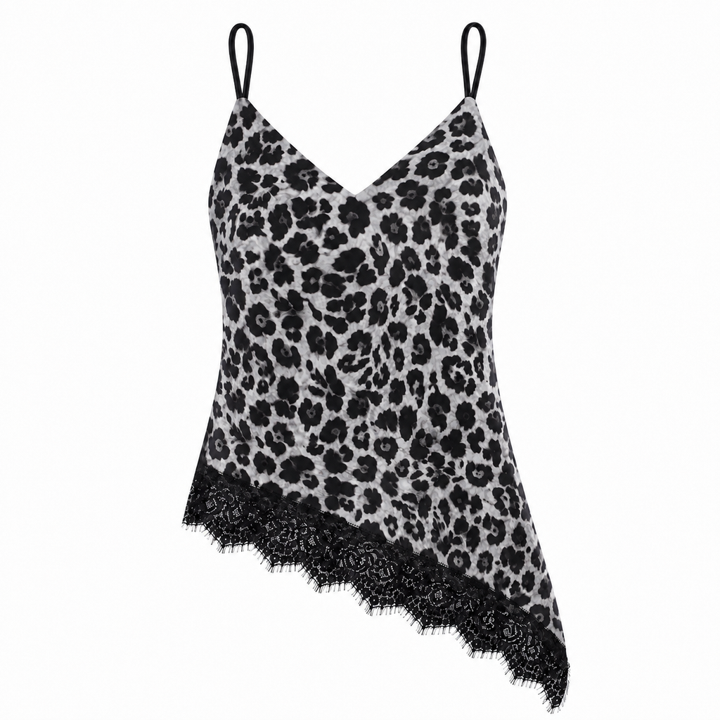 Blusa estampado animal print para mujer - Tirantes delgados, corte asimétrico y encaje en tendencia