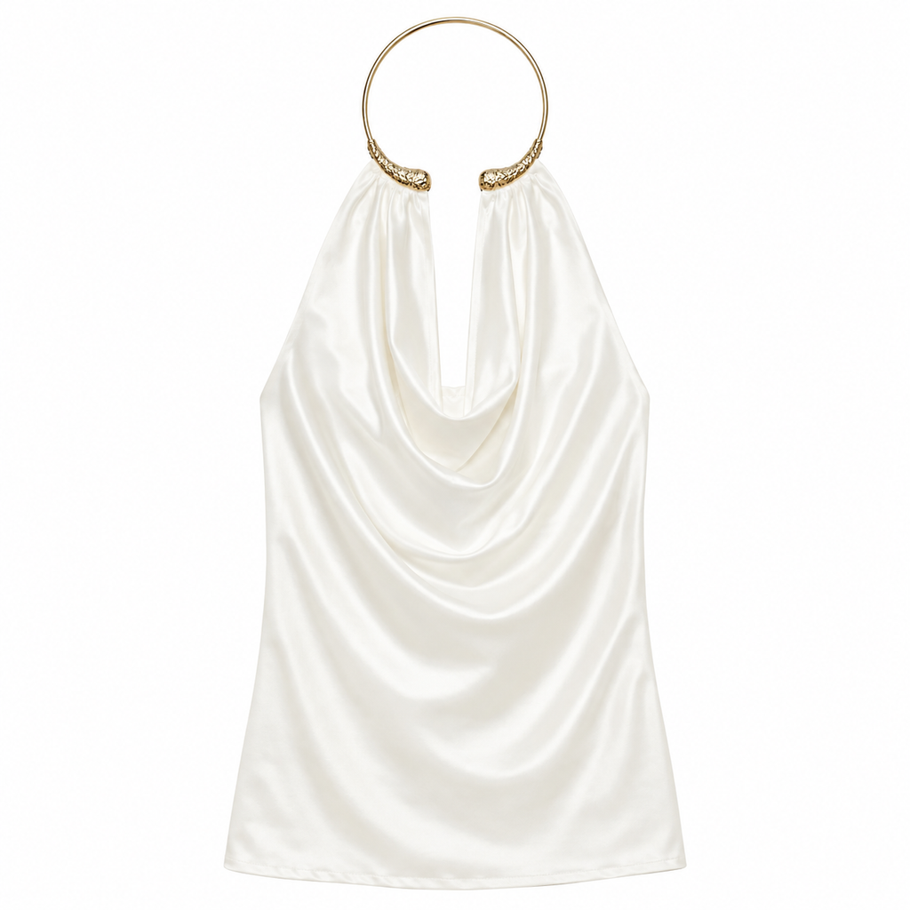 Blusa de licra satinada para mujer - Escote holgado con gargantilla de aro dorada, estilo elegante en tendencia