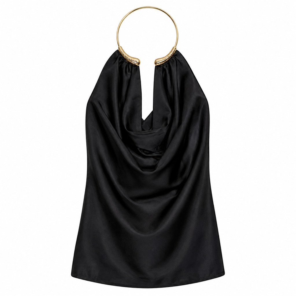 Blusa de licra satinada para mujer - Escote holgado con gargantilla de aro dorada, estilo elegante en tendencia