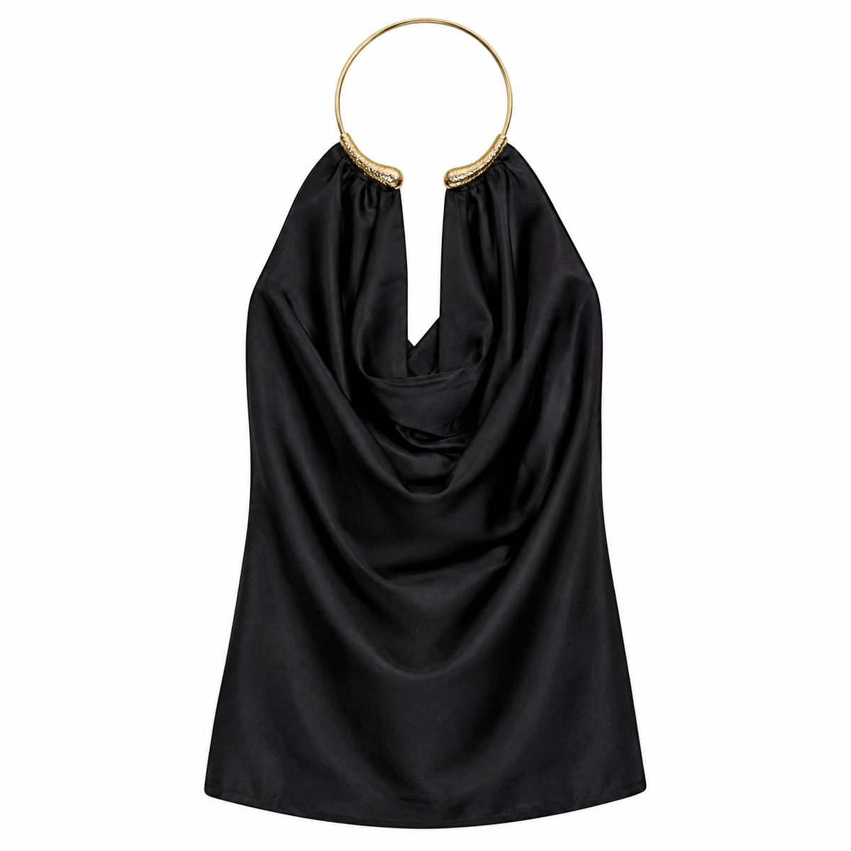 Blusa de licra satinada para mujer - Escote holgado con gargantilla de aro dorada, estilo elegante en tendencia