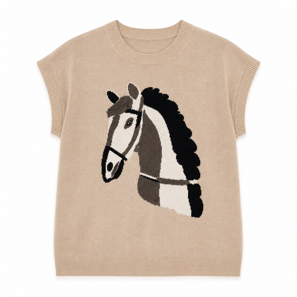 Blusa tejida con dibujo caballo western para mujer - Manga corrida corta, estilo vaquero en tendencia