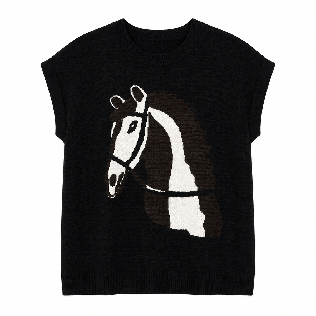 Blusa tejida con dibujo caballo western para mujer - Manga corrida corta, estilo vaquero en tendencia