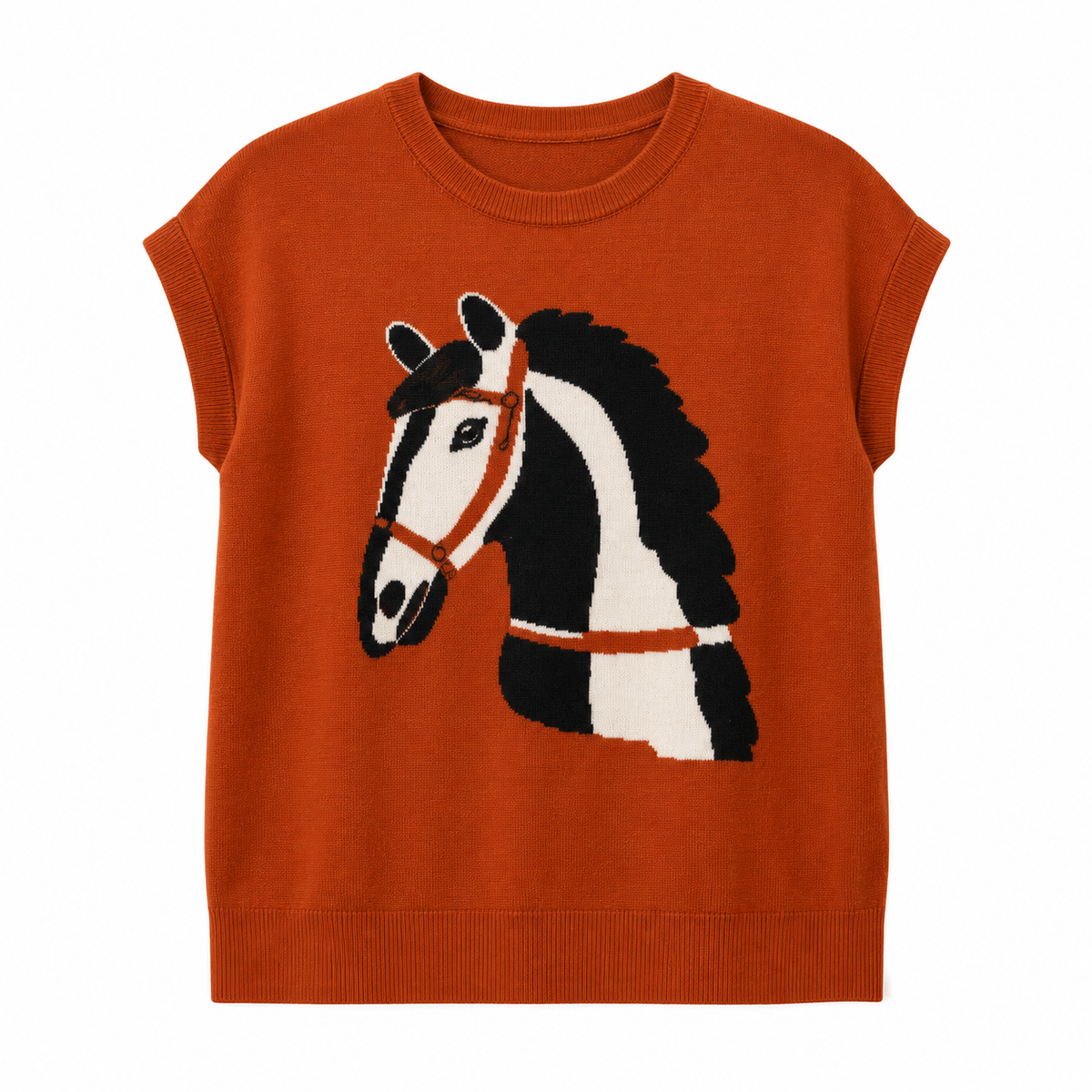 Blusa tejida con dibujo caballo western para mujer - Manga corrida corta, estilo vaquero en tendencia