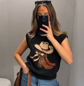 Blusa tejida con dibujo bota western para mujer - Manga corrida corta, estilo vaquero en tendencia