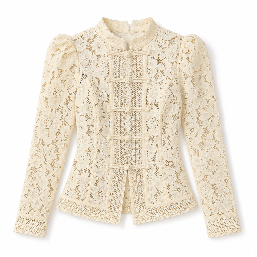Blusa de encaje para mujer - Manga larga, cuello alto y detalles elegantes de inspiración vintage