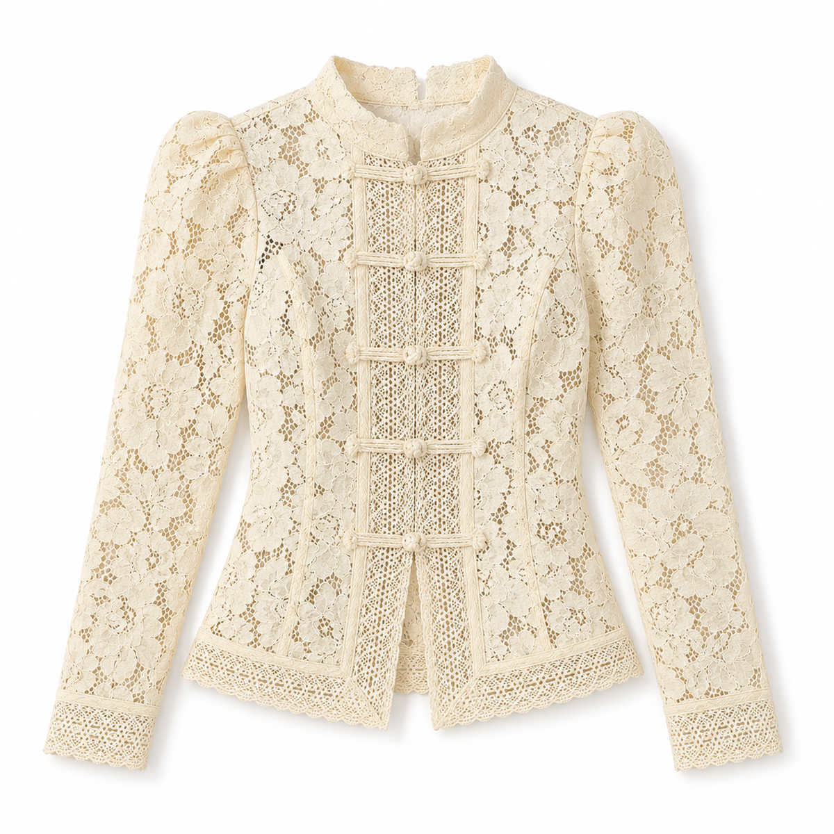 Blusa de encaje para mujer - Manga larga, cuello alto y detalles elegantes de inspiración vintage