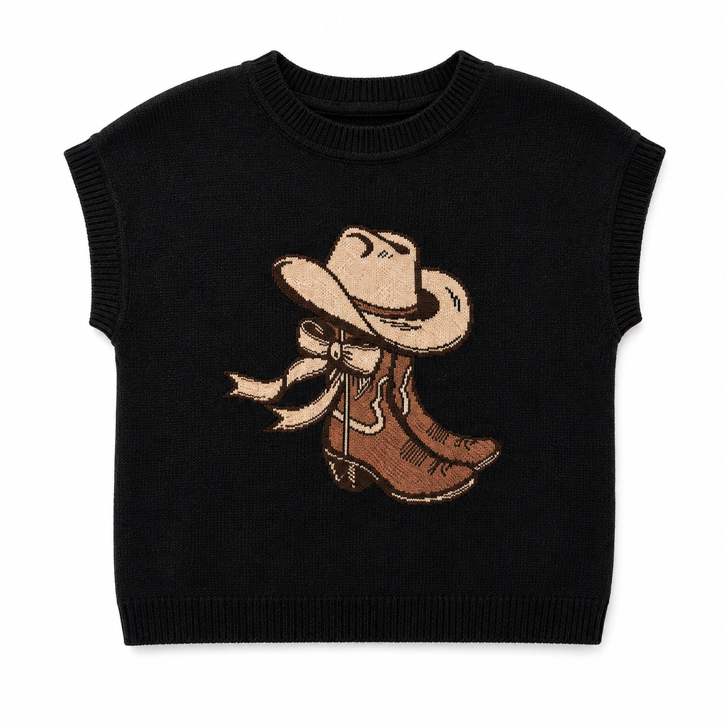 Blusa tejida con dibujo bota western para mujer - Manga corrida corta, estilo vaquero en tendencia