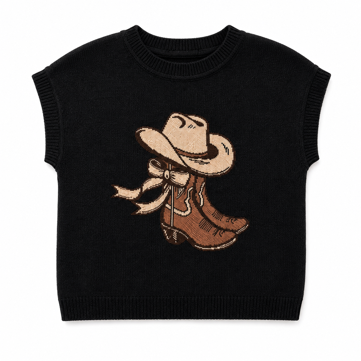 Blusa tejida con dibujo bota western para mujer - Manga corrida corta, estilo vaquero en tendencia