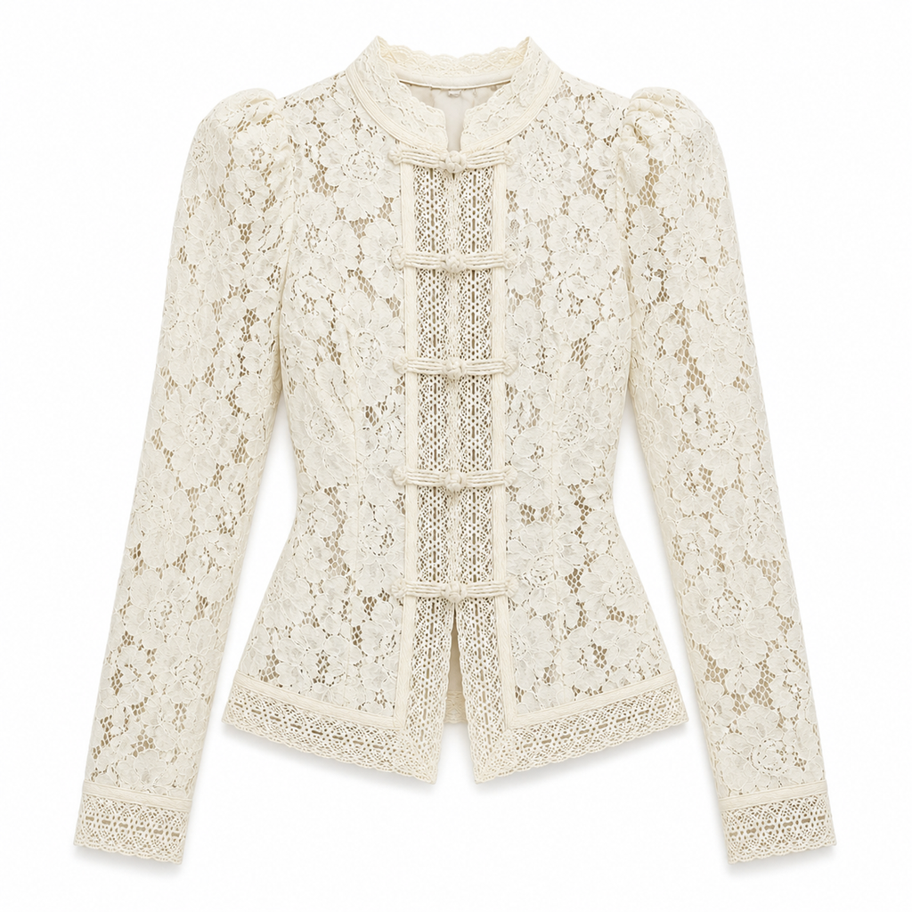 Blusa de encaje para mujer - Manga larga, cuello alto y detalles elegantes de inspiración vintage