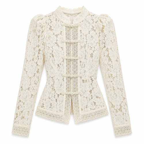 Blusa de encaje para mujer - Manga larga, cuello alto y detalles elegantes de inspiración vintage