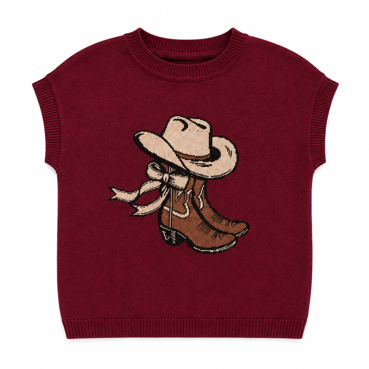 Blusa tejida con dibujo bota western para mujer - Manga corrida corta, estilo vaquero en tendencia