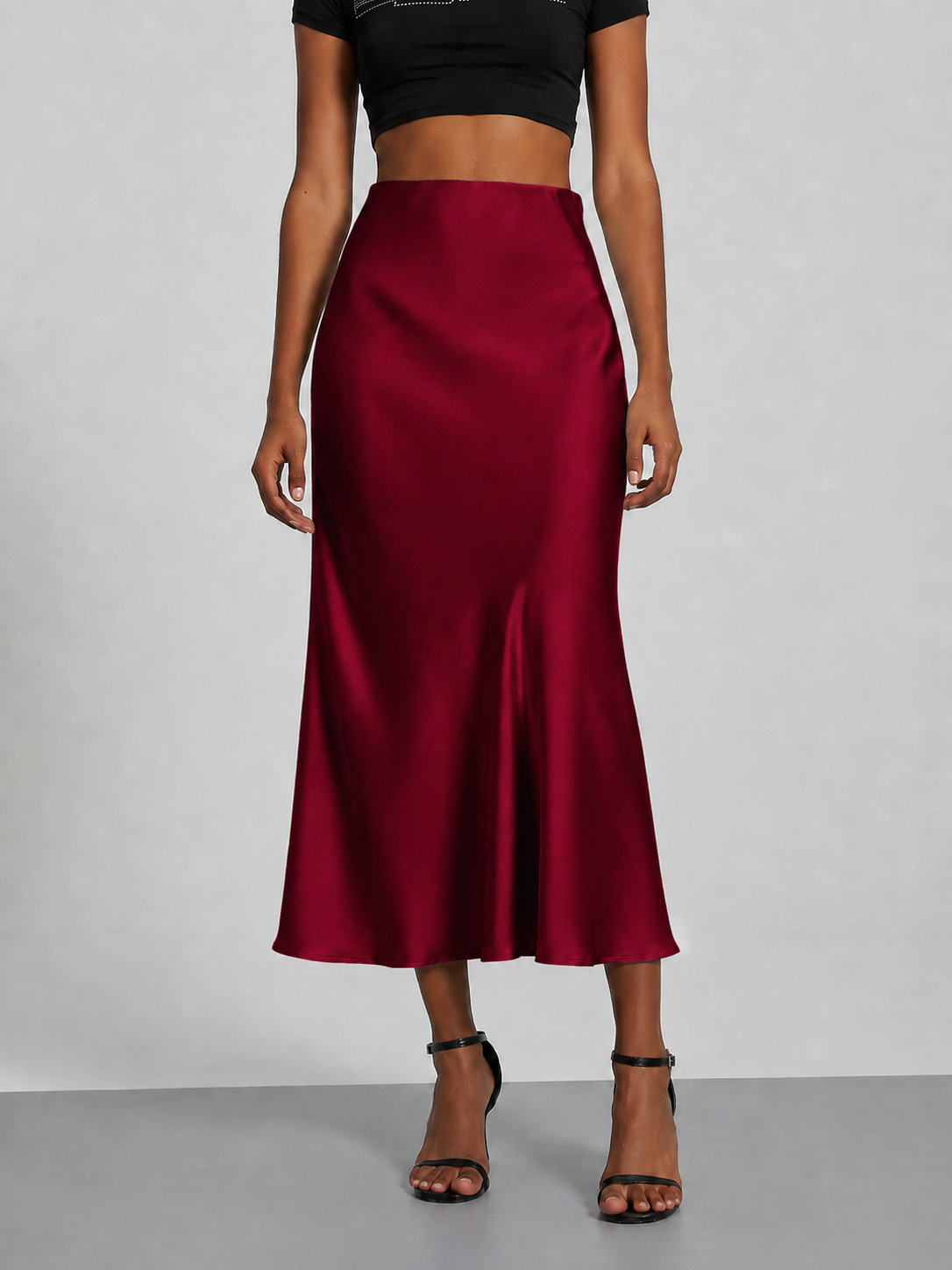 Falda midi satinada para mujer - Tiro alto, corte fluido y estilo elegante en tendencia