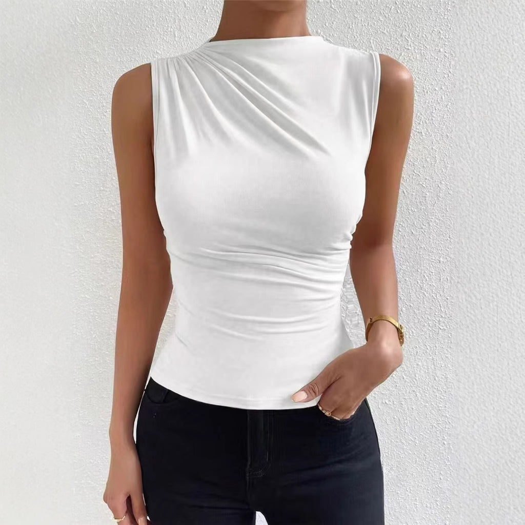 Blusa drapeada negra para mujer - Sin mangas, entallada y elegante en tendencia