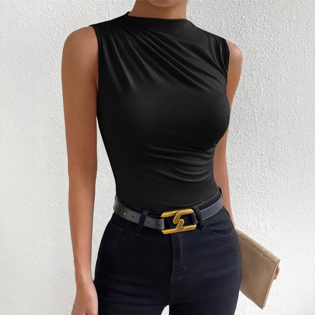 Blusa drapeada negra para mujer - Sin mangas, entallada y elegante en tendencia