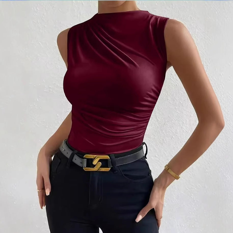 Blusa drapeada negra para mujer - Sin mangas, entallada y elegante en tendencia