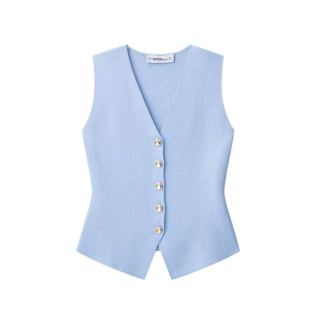 Chaleco tejido azul marino para mujer - Entallado con botones dorados y estilo elegante