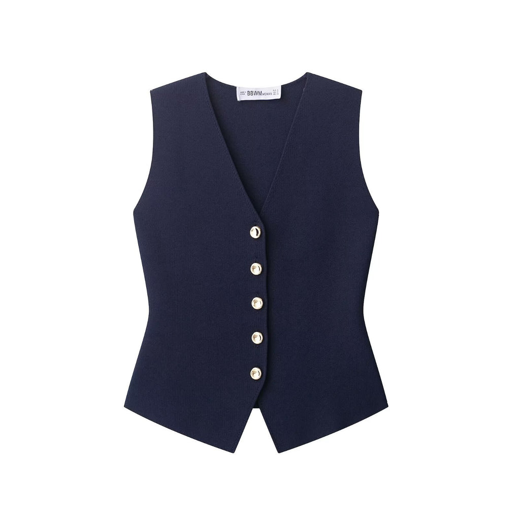 Chaleco tejido azul marino para mujer - Entallado con botones dorados y estilo elegante
