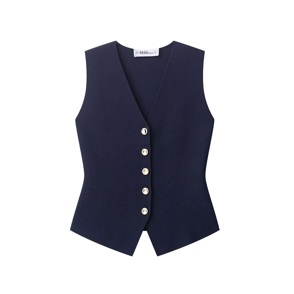 Chaleco tejido azul marino para mujer - Entallado con botones dorados y estilo elegante