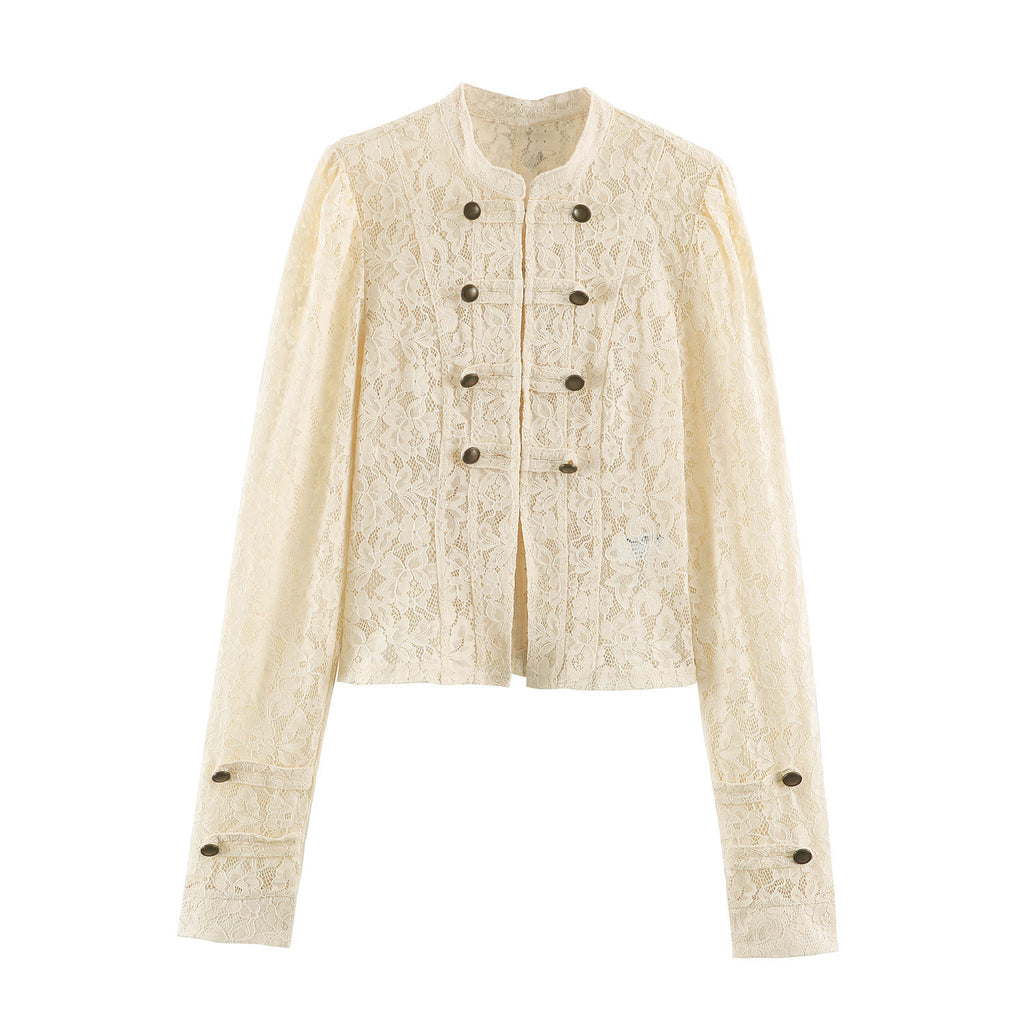 Chamarra de encaje beige para mujer - Estilo militar, botones decorativos y diseño elegante en tendencia