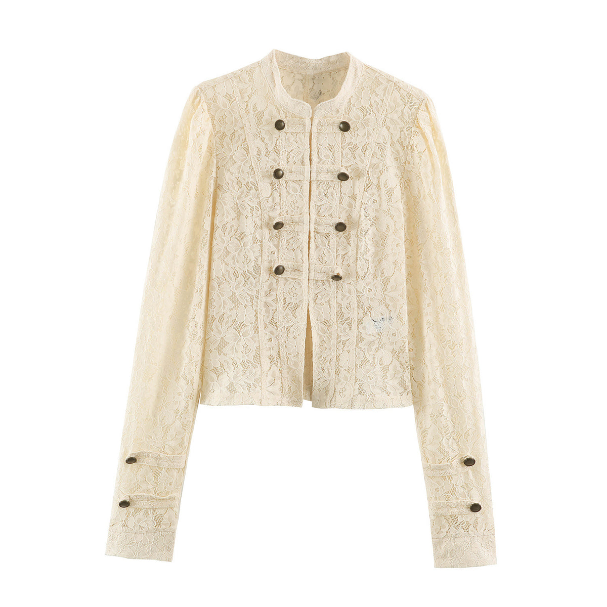 Chamarra de encaje beige para mujer - Estilo militar, botones decorativos y diseño elegante en tendencia