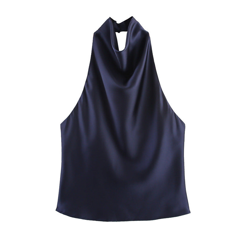 Blusa satinada para mujer - Escote holgado, espalda halter y estilo elegante en tendencia