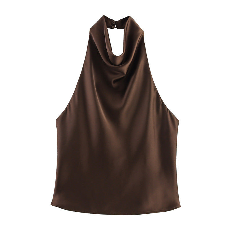 Blusa satinada para mujer - Escote holgado, espalda halter y estilo elegante en tendencia
