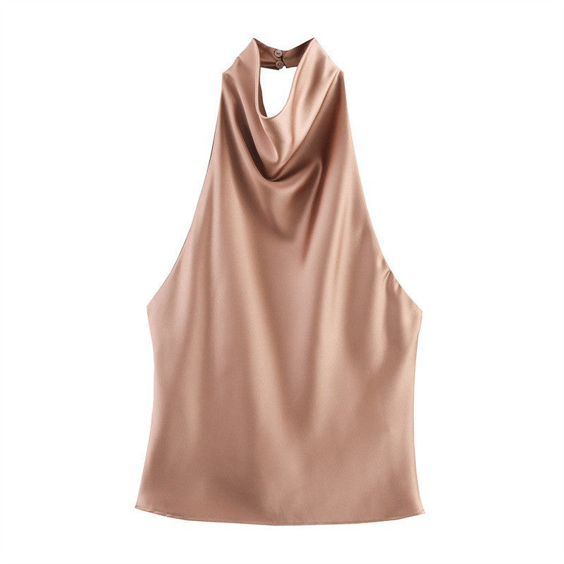 Blusa satinada para mujer - Escote holgado, espalda halter y estilo elegante en tendencia