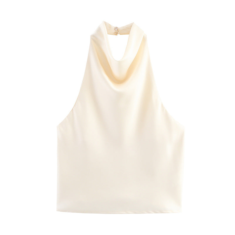 Blusa satinada para mujer - Escote holgado, espalda halter y estilo elegante en tendencia