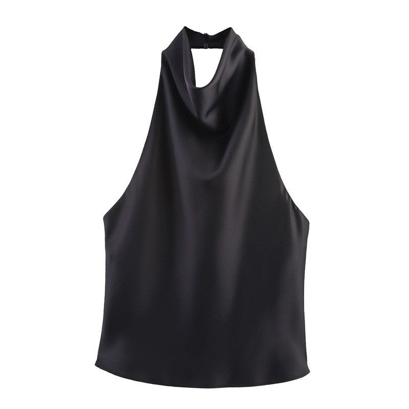 Blusa satinada para mujer - Escote holgado, espalda halter y estilo elegante en tendencia