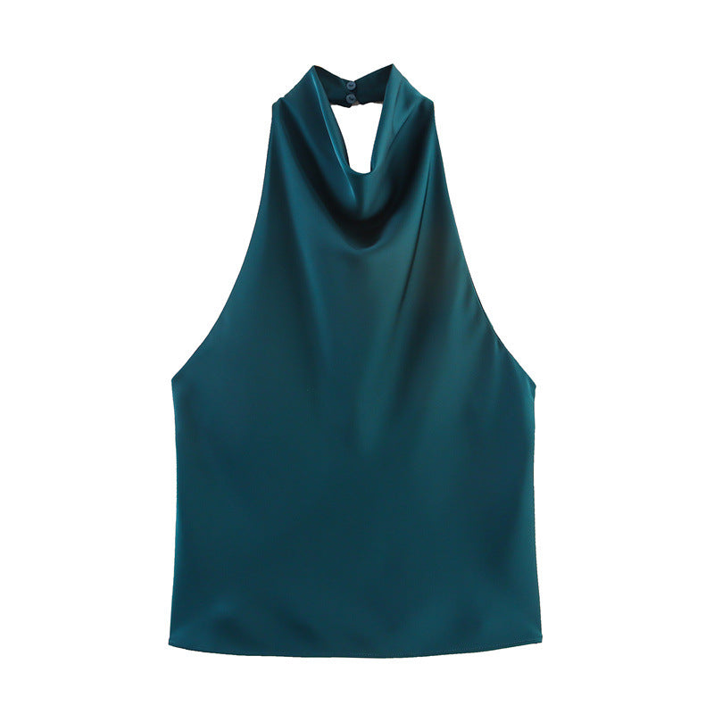 Blusa satinada para mujer - Escote holgado, espalda halter y estilo elegante en tendencia