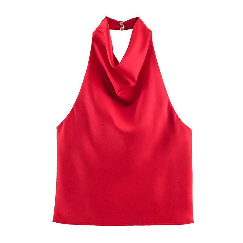 Blusa satinada para mujer - Escote holgado, espalda halter y estilo elegante en tendencia