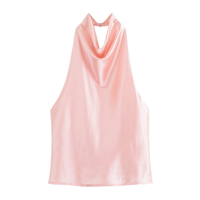 Blusa satinada para mujer - Escote holgado, espalda halter y estilo elegante en tendencia