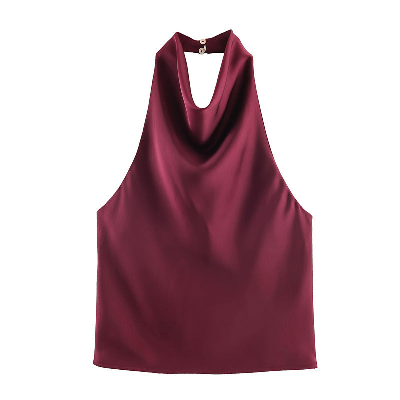 Blusa satinada para mujer - Escote holgado, espalda halter y estilo elegante en tendencia